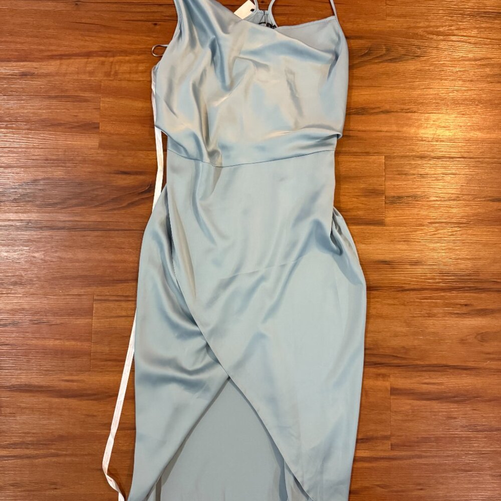 Missguided Asymmetric Cowl Neck Satin Midaxi Dress in dusty blue. Size 12. NWT